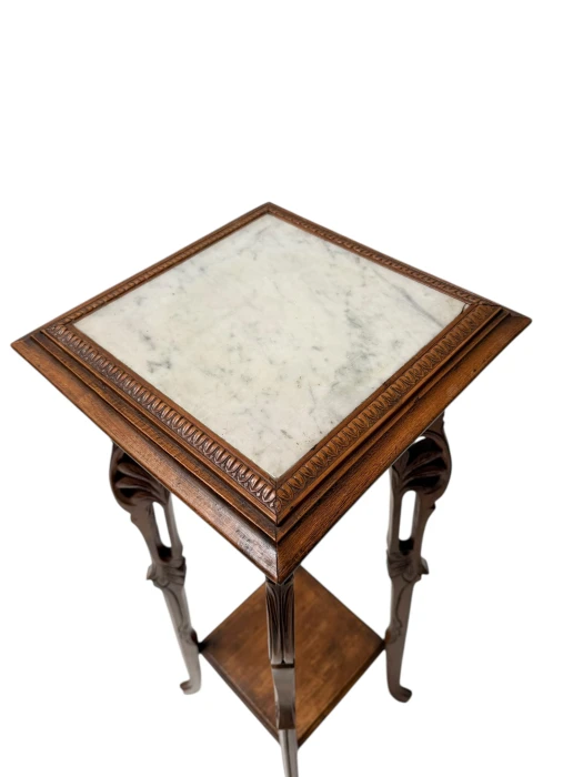 Art Nouveau Pedestal Plant Stand, Hand-Carved Beech & Marble, 1900s